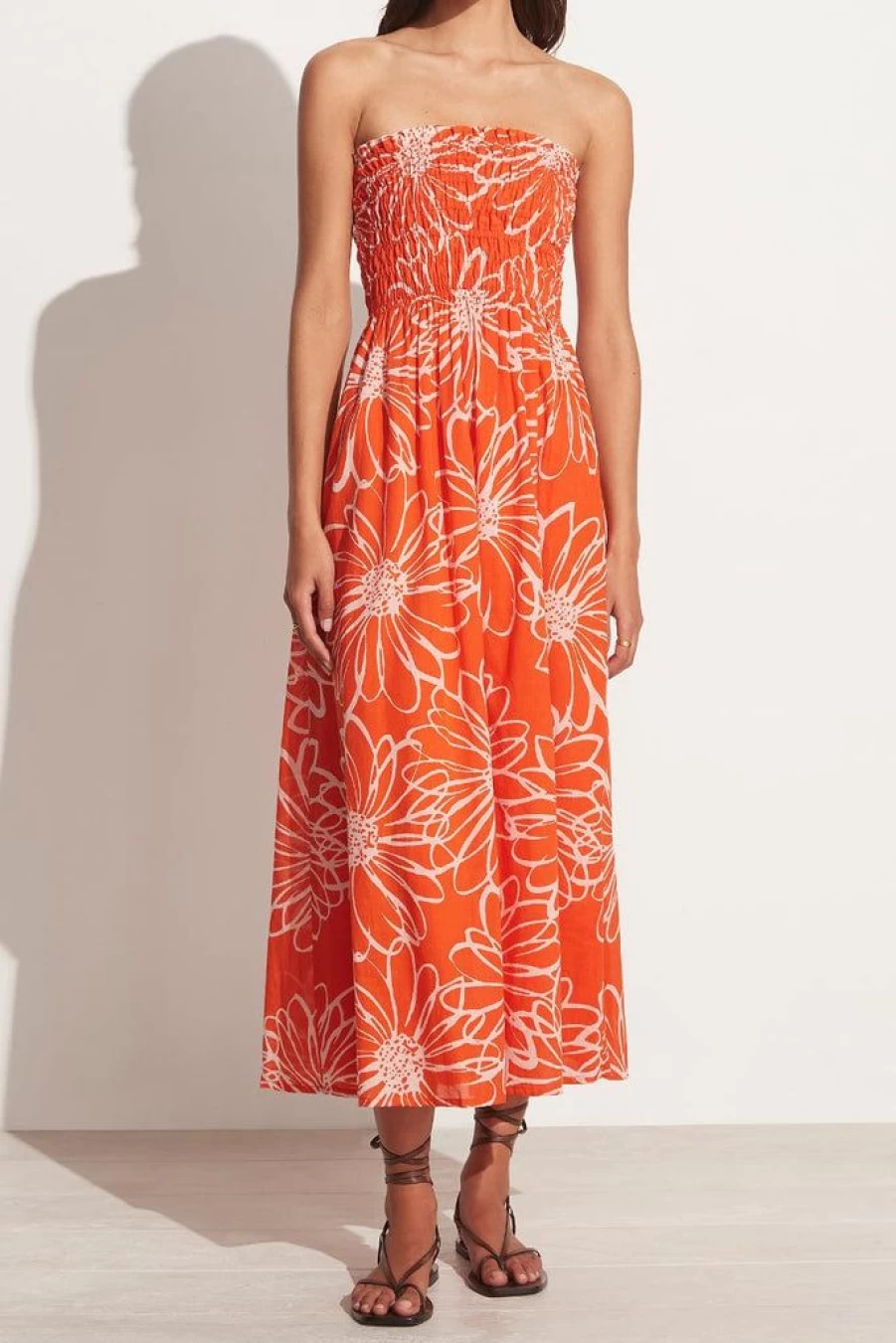 Faithfull The Brand Floral Print Midi Dress - La Sirena Orange, Summer Beach Dress, Women's Boho Chic Dress