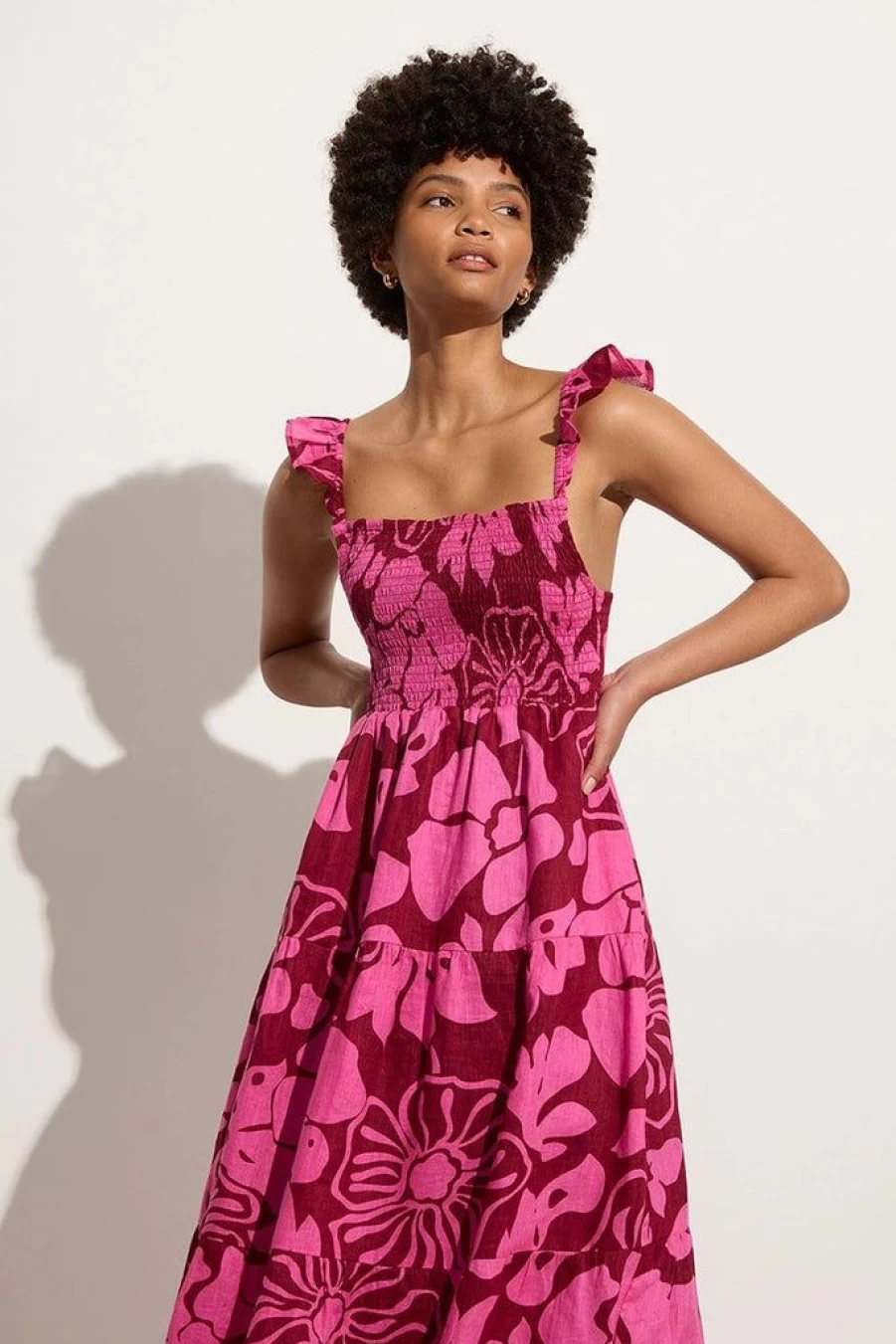 Faithfull The Brand Benito Floral Midi Dress in Pink - Mica Print Summer Dress