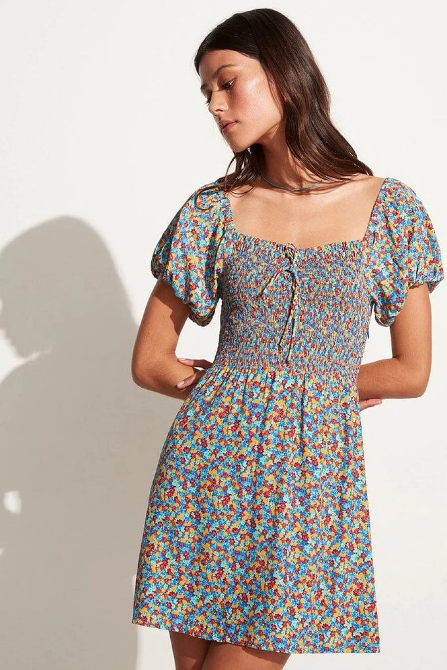 Faithfull The Brand Domenica Mini Dress - Mohina Floral Print in Blue - Exclusive Final Sale