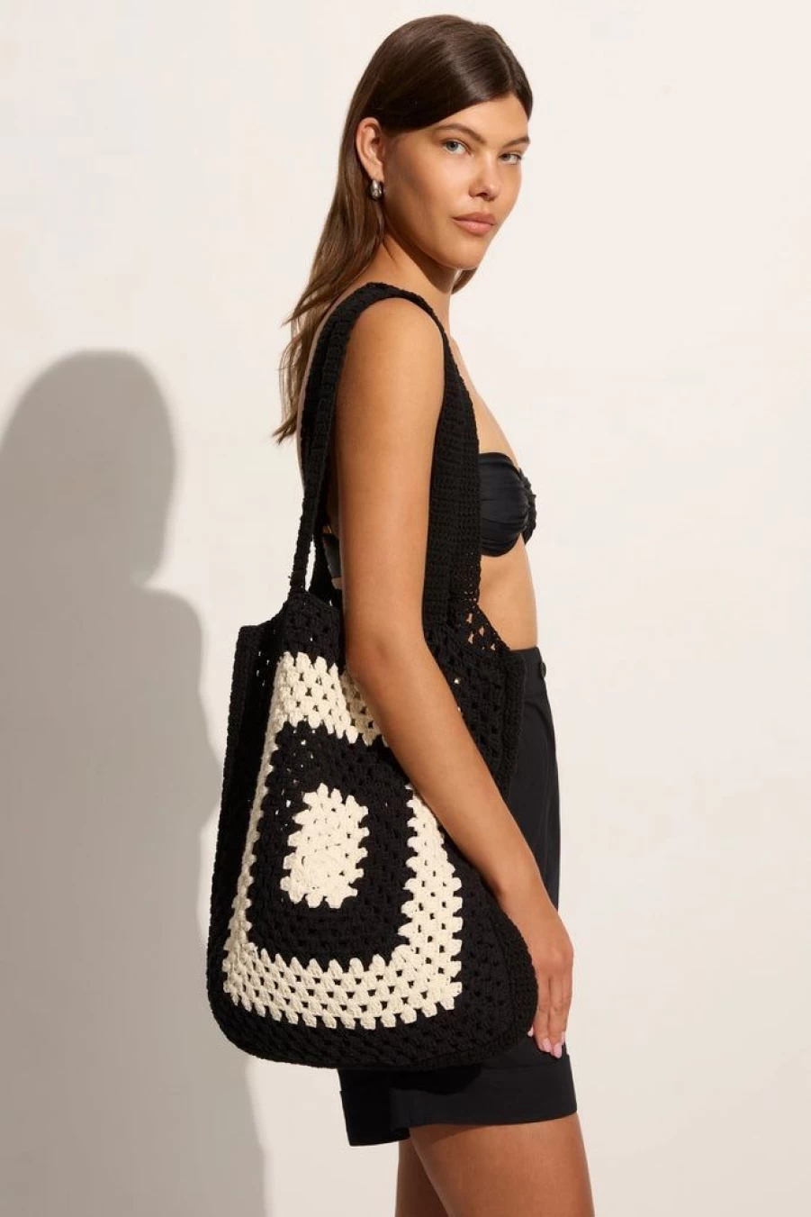 Faithfull The Brand Ostia Crochet Handbag in Black & Off White - Boho Chic Woven Tote