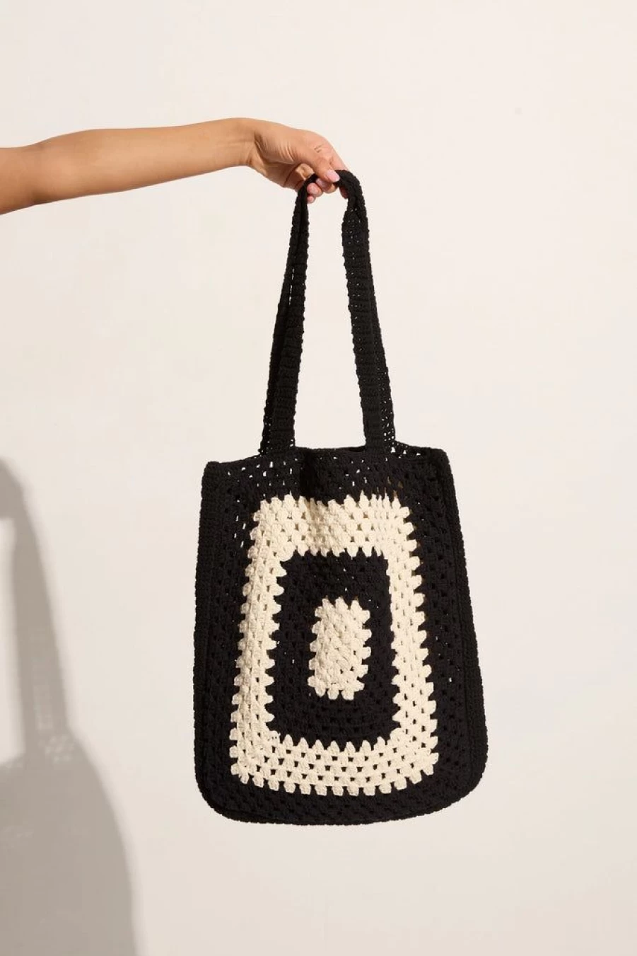 Faithfull The Brand Ostia Crochet Handbag in Black & Off White - Boho Chic Woven Tote