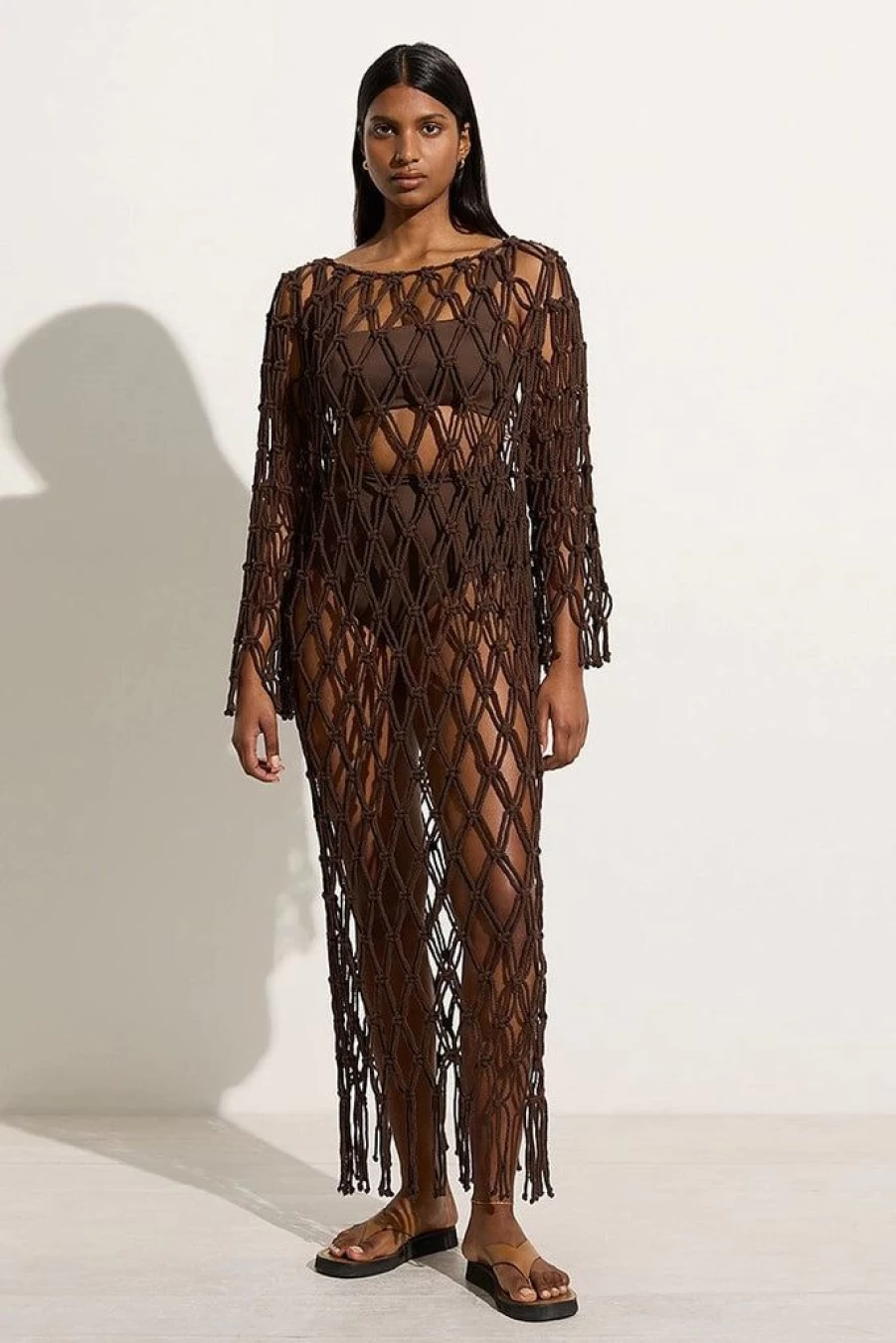 Faithfull The Brand Sintra Macrame Bohemian Maxi Dress in Chocolate Brown