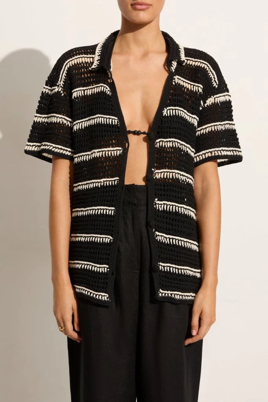 Faithfull The Brand Gioia Handmade Crochet Shirt - Black & Off White Boho Chic Blouse