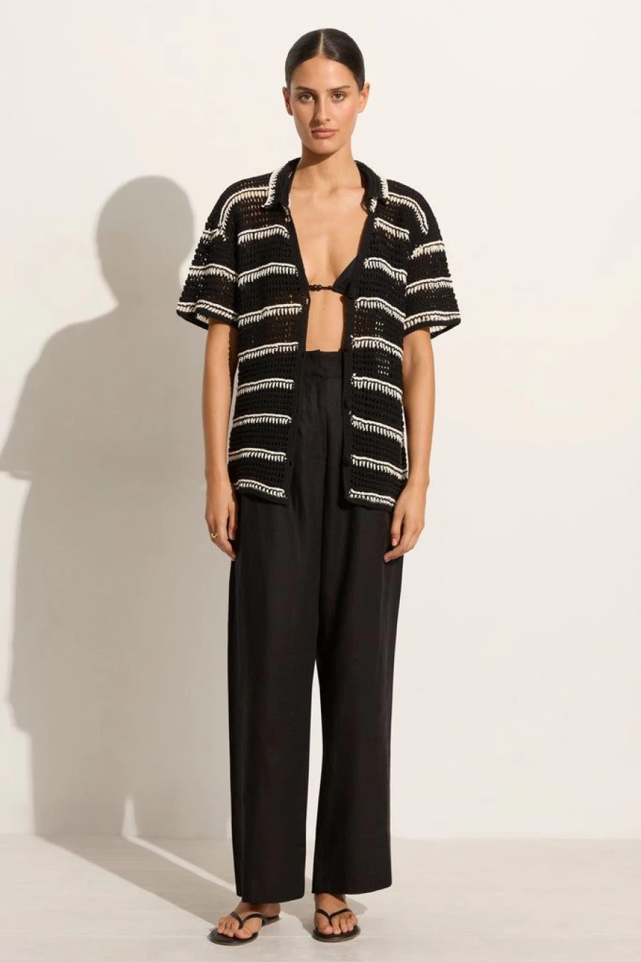 Faithfull The Brand Gioia Handmade Crochet Shirt - Black & Off White Boho Chic Blouse