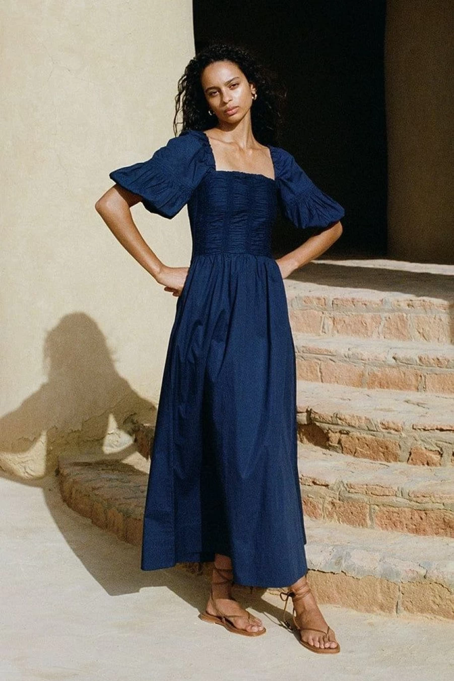 Faithfull The Brand Belisario Midi Dress in Midnight Blue - Elegant Women's Summer Dress