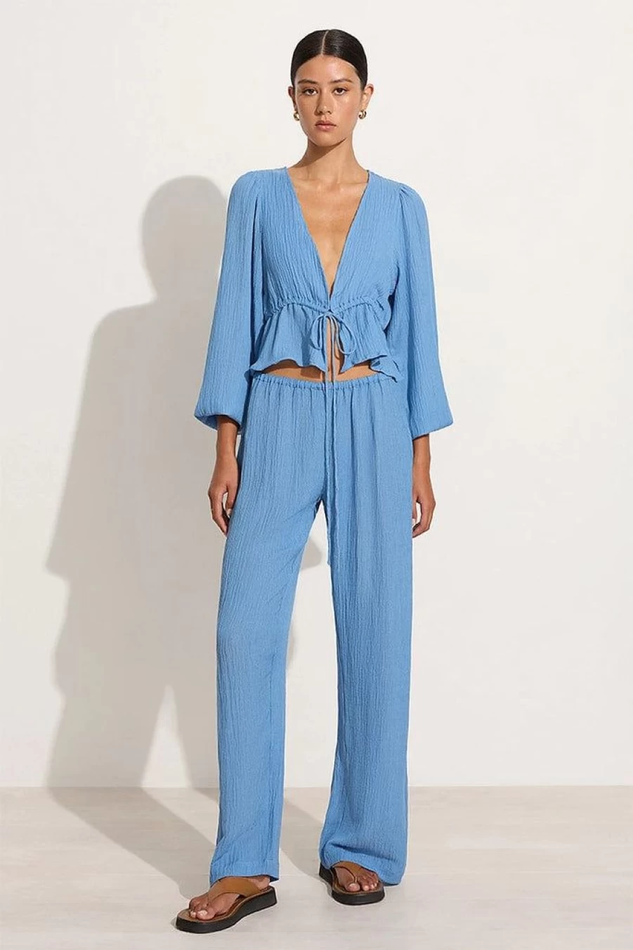 Faithfull The Brand Remy Chambray Blue High-Waisted Linen Pants - Women's Casual Summer Trousers