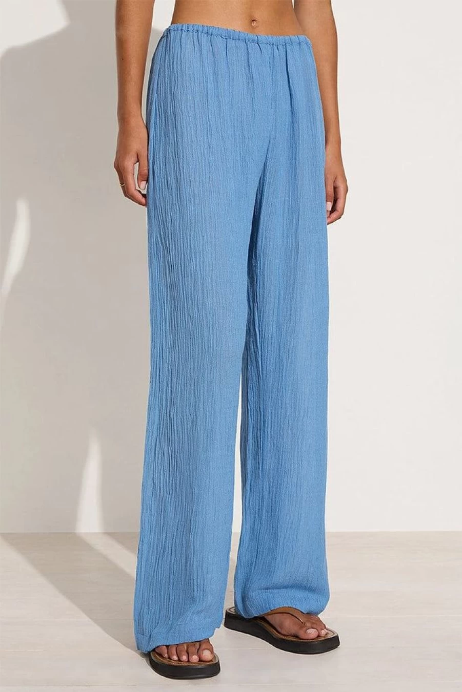 Faithfull The Brand Remy Chambray Blue High-Waisted Linen Pants - Women's Casual Summer Trousers