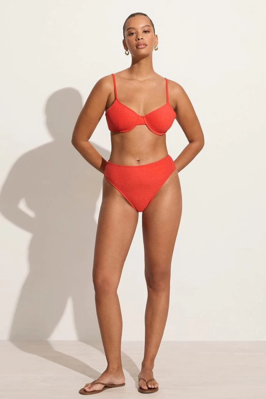 Faithfull The Brand Chania High-Waisted Bikini Bottoms in Morange Toweling Fabric - Women's Swimwear Final Sale