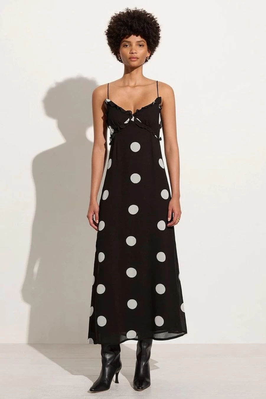 Faithfull The Brand Maye Midi Dress in Veia Polka Dot Chocolate Brown Pattern