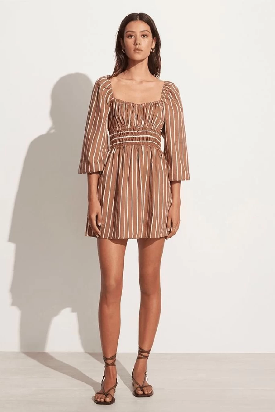 Faithfull The Brand Paloma Mini Dress - Adia Stripe Print in Hazelnut, Final Sale