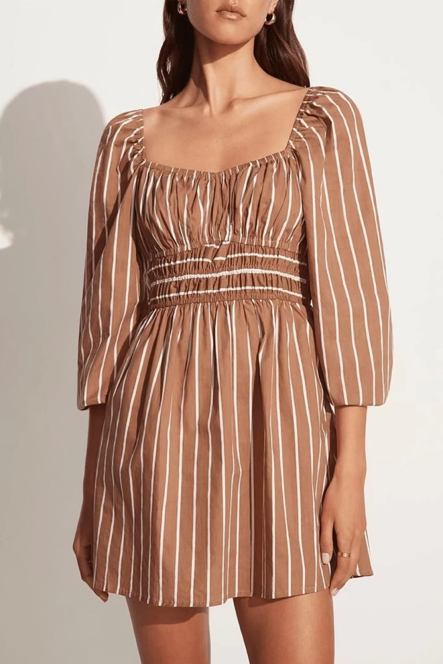 Faithfull The Brand Paloma Mini Dress - Adia Stripe Print in Hazelnut, Final Sale