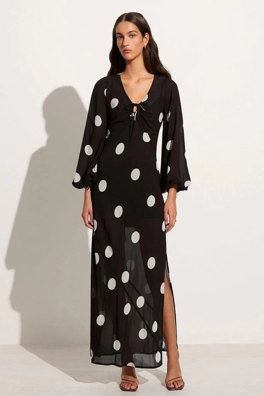 Faithfull The Brand Santos Maxi Dress - Veia Polka Dot Chocolate Print Long Flowy Summer Dress