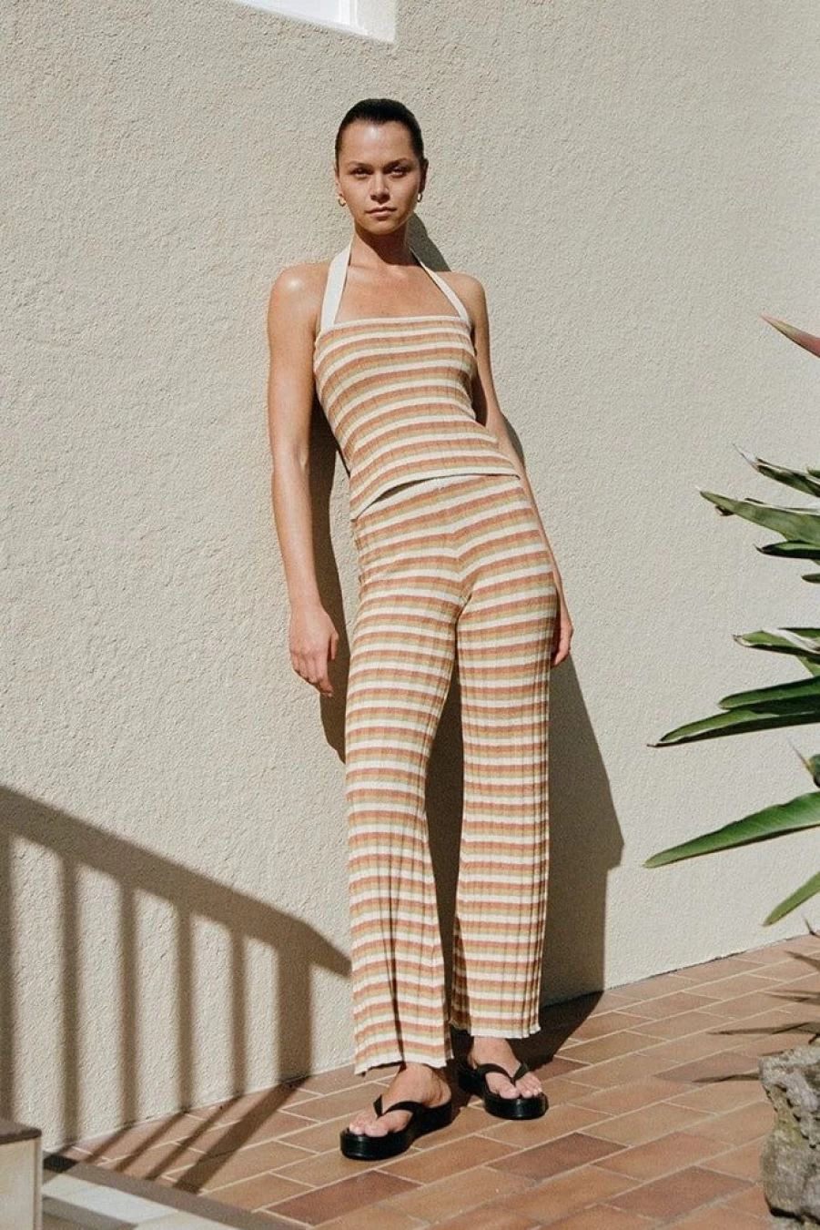 Faithfull The Brand Alora Knit Tank Top - Neutral Stripes Pattern, Women's Exclusive Final Sale