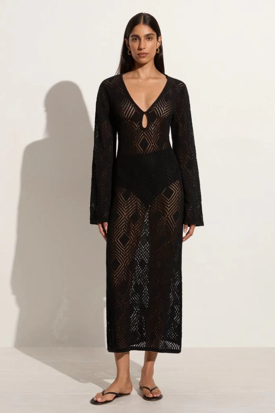 Faithfull The Brand Serena Black Pointelle Knit Dress Women's Boho Lace Feminine Style