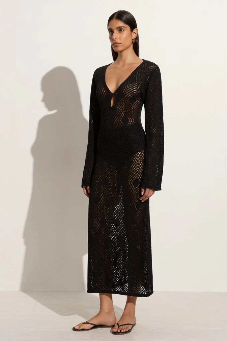Faithfull The Brand Serena Black Pointelle Knit Dress Women's Boho Lace Feminine Style