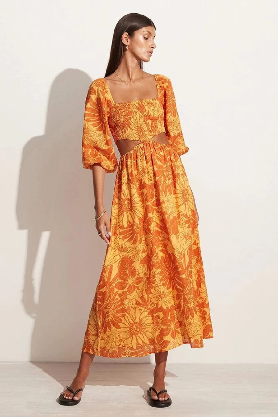Faithfull The Brand Zani Floral Print Midi Dress in Burnt Orange - Final Sale