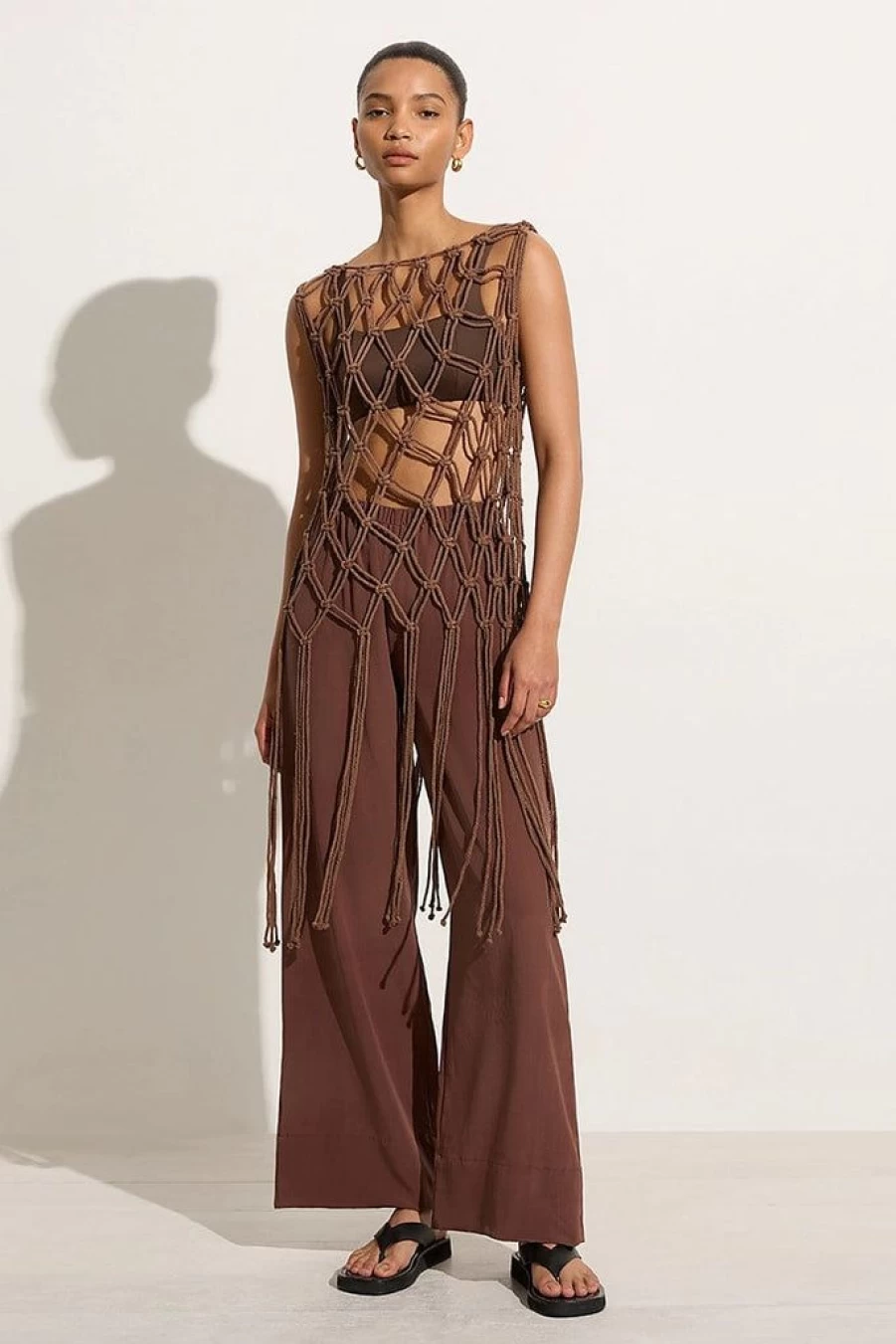 Faithfull The Brand Amalia Macrame Crochet Tunic Top in Mocha Brown Boho Chic Style