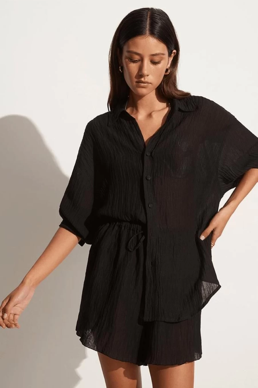 Faithfull The Brand Black Solar Shirt - UPF Sun Protection, Sustainable Fabric, Final Sale