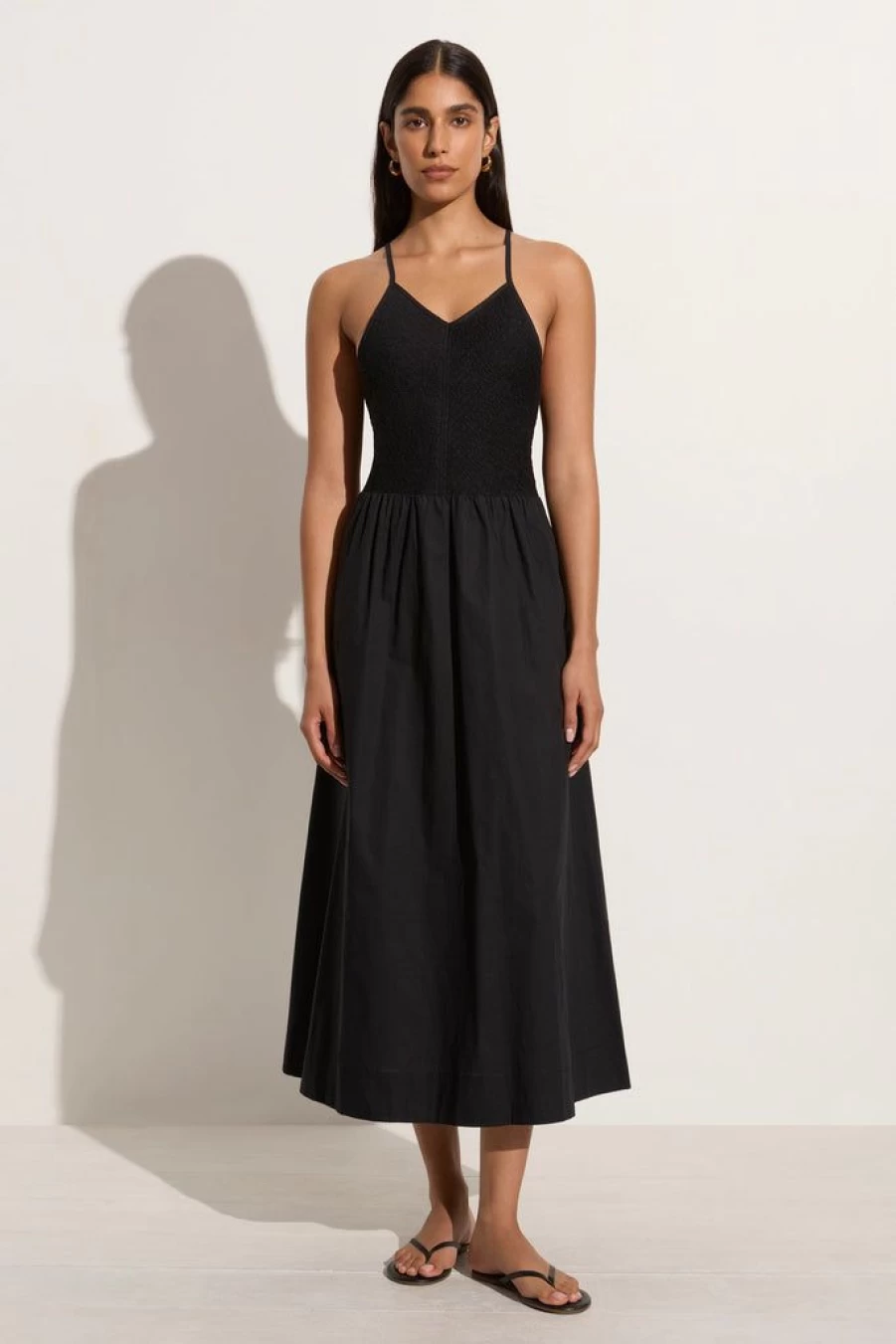 Faithfull The Brand Black Midi Dress with Camera Print - Women's Floral Vintage Style Dress