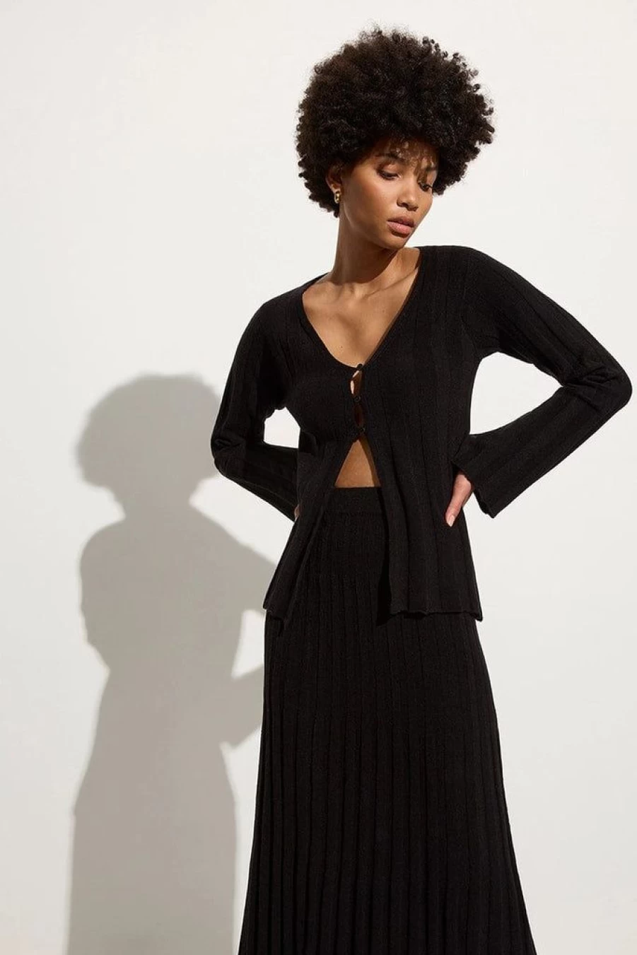 Faithfull The Brand Athena Black Knit Cardigan Women's Sweater Casual Open Front