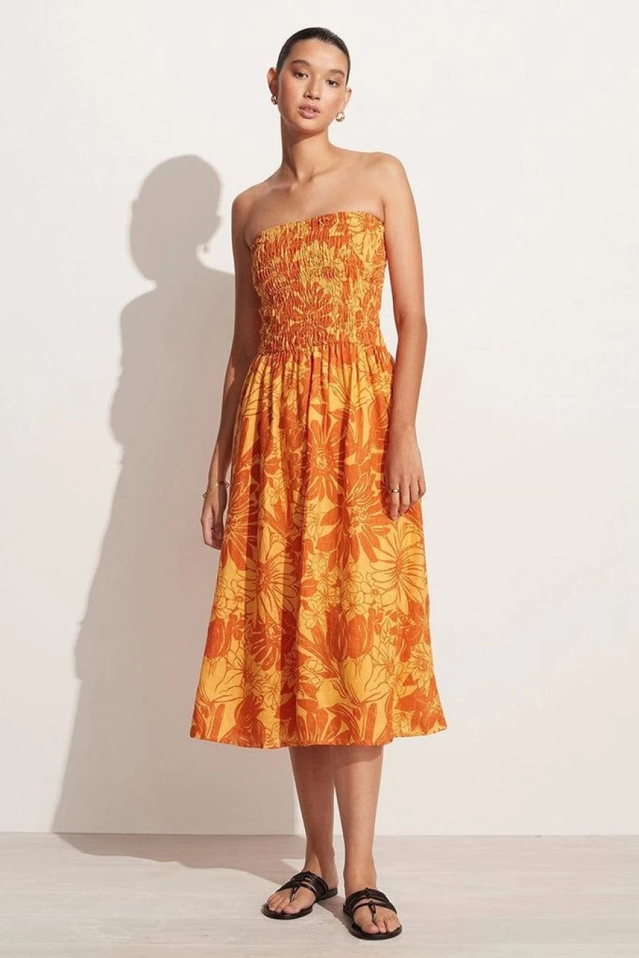Faithfull The Brand Elmarie Midi Dress in Zani Floral Print - Burnt Orange Final Sale