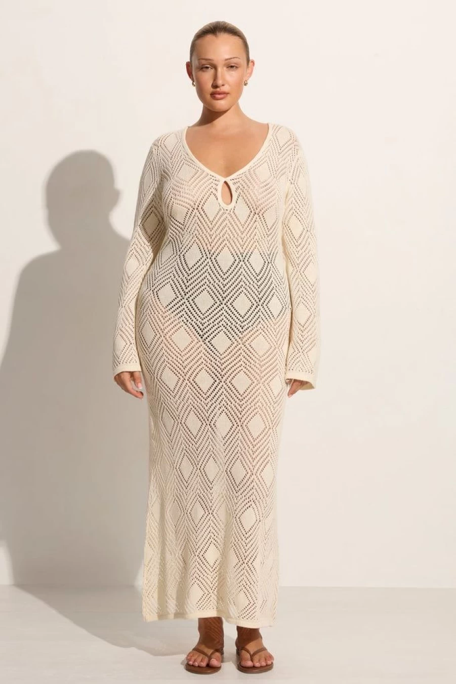 Faithfull The Brand Serena Pointelle Knit Dress in Off White - Women's Boho Lace Knit Maxi Dress